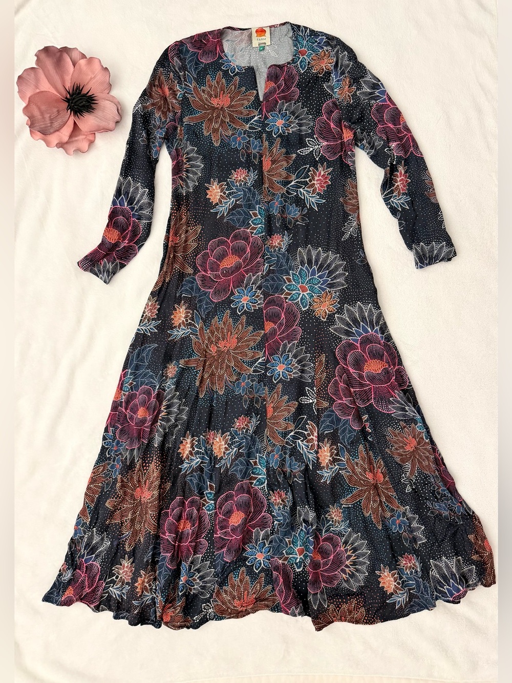 Farm Rio Blue Floral Maxi Long Sleeve Dress XL